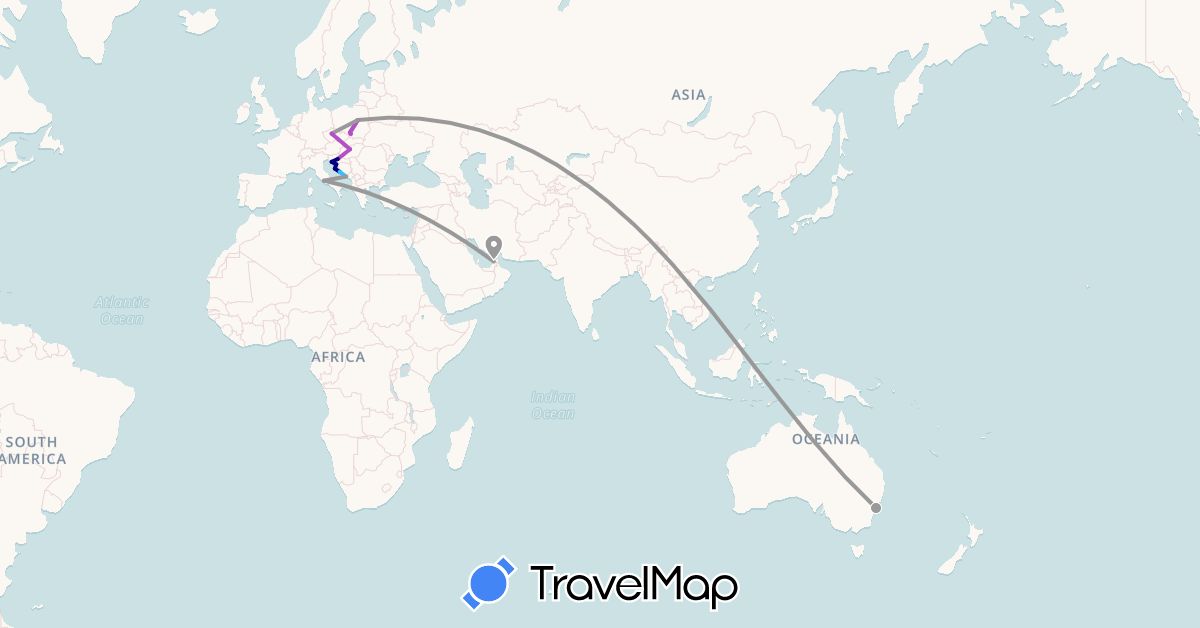 TravelMap itinerary: driving, plane, train, boat in United Arab Emirates, Australia, Czech Republic, Croatia, Hungary, Italy, Poland (Asia, Europe, Oceania)